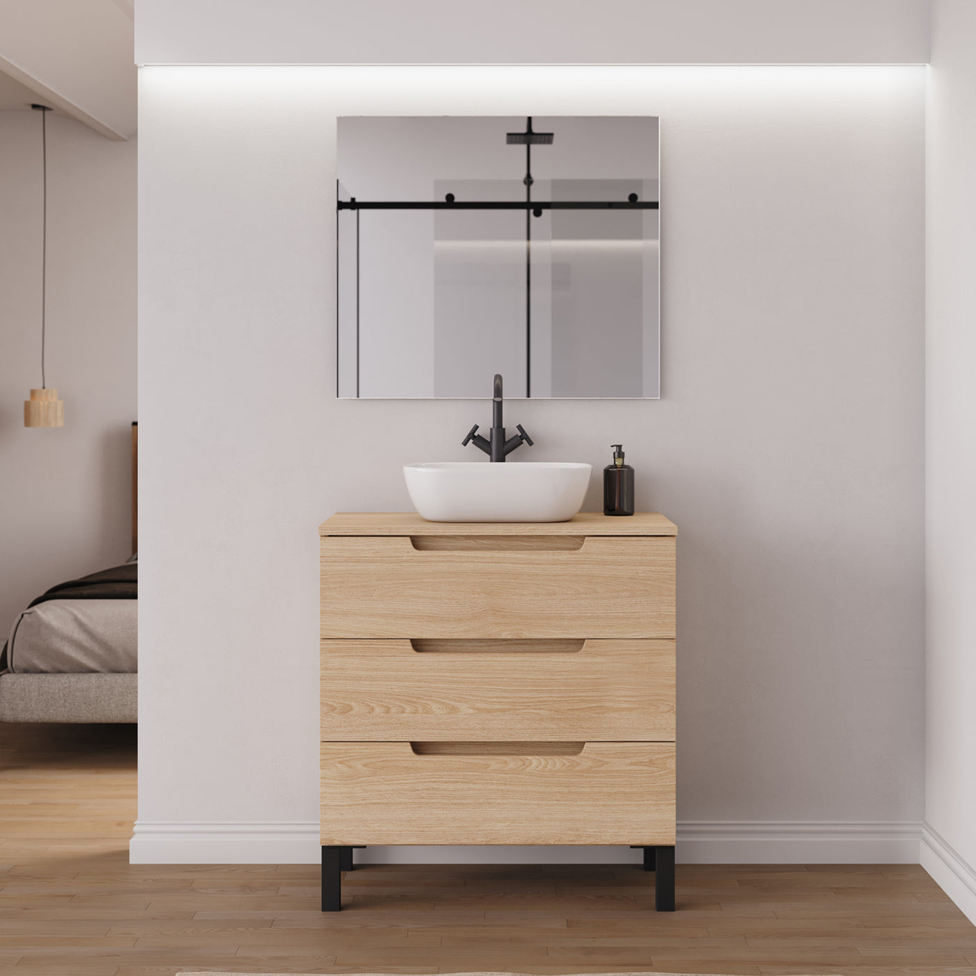 Meuble salle de bain RIZA 80cm roble era vasque zeus miroir