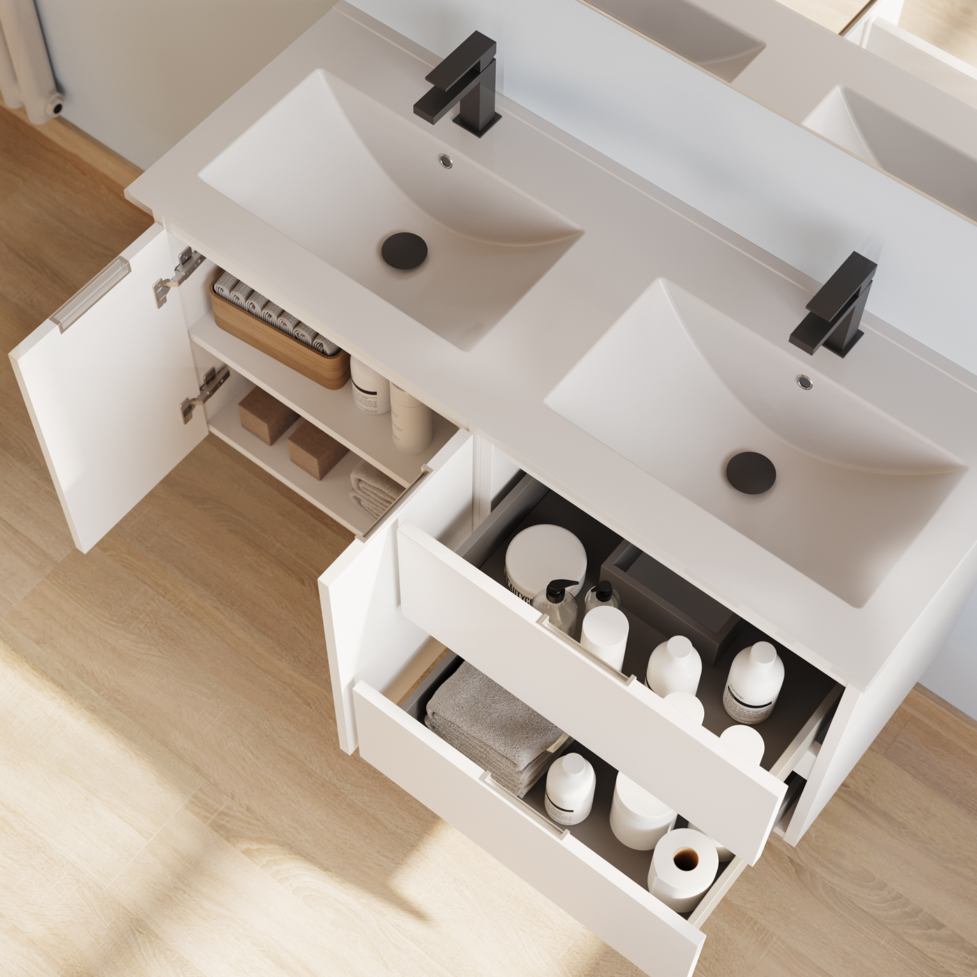 Meuble de salle de bain 120cm double vasque - 2 portes et 2 tiroirs - sans miroir - ROSIE