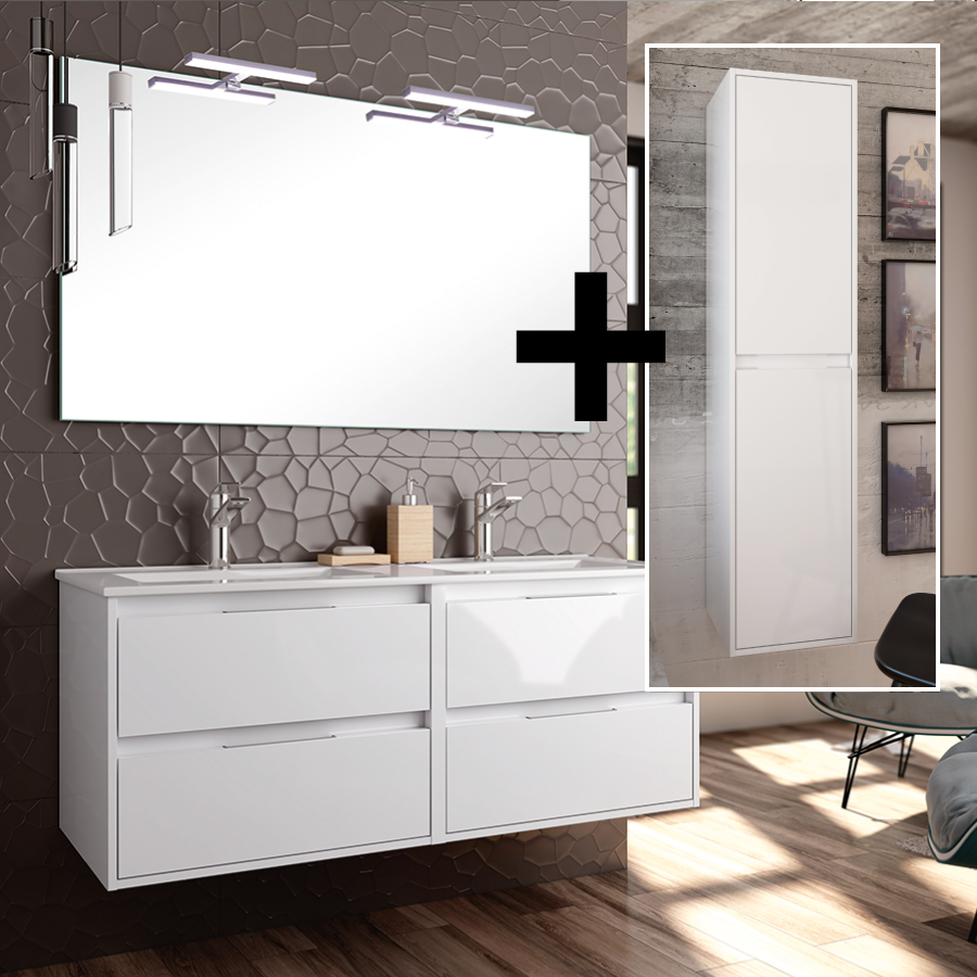 Meuble de salle de bain IRIS 120 cm blanc brillant avec miroir + applique led et colonne
