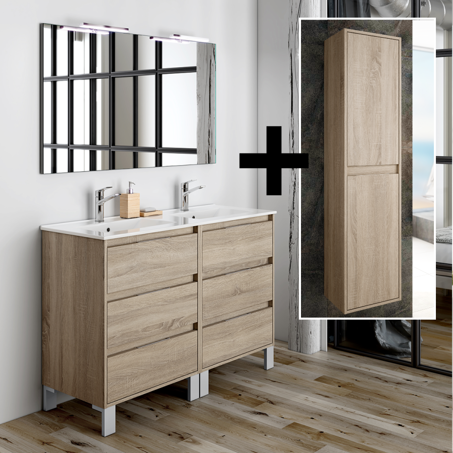 Ensemble meuble de salle de bain 120cm double vasque + colonne de rangement TIRIS