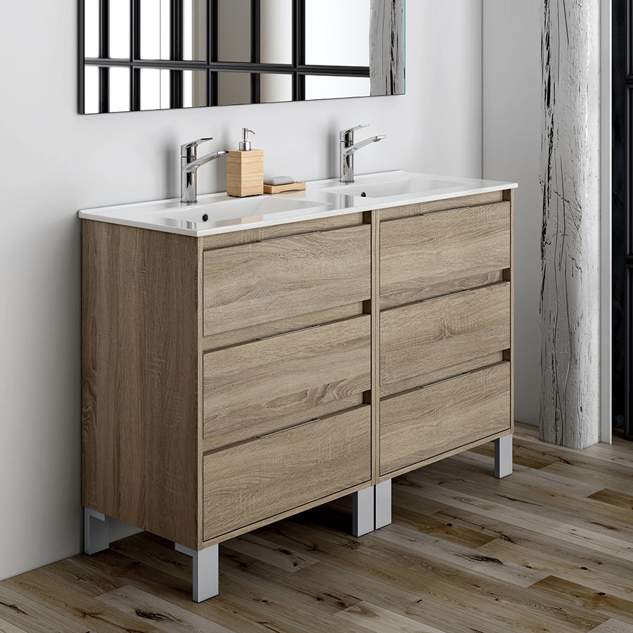 Meuble de salle de bain 120cm double vasque - 6 tiroirs - TIRIS 3C et miroir Led STAM