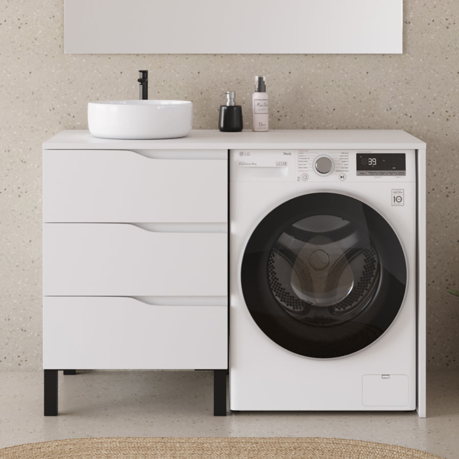 Meuble lave linge 124cm avec plateau et vasque ronde - 3 tiroirs - SANTA