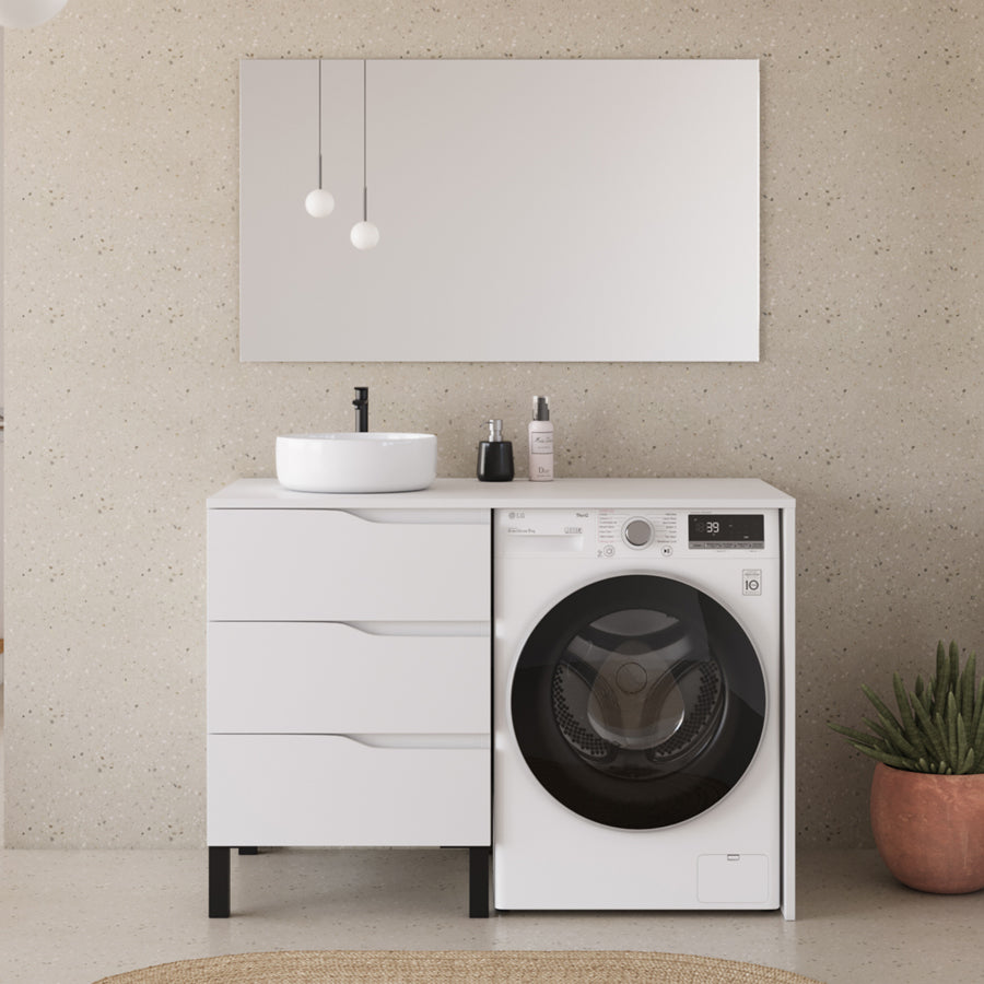 Meuble lave linge 124cm avec plateau et vasque ronde - 3 tiroirs - SANTA