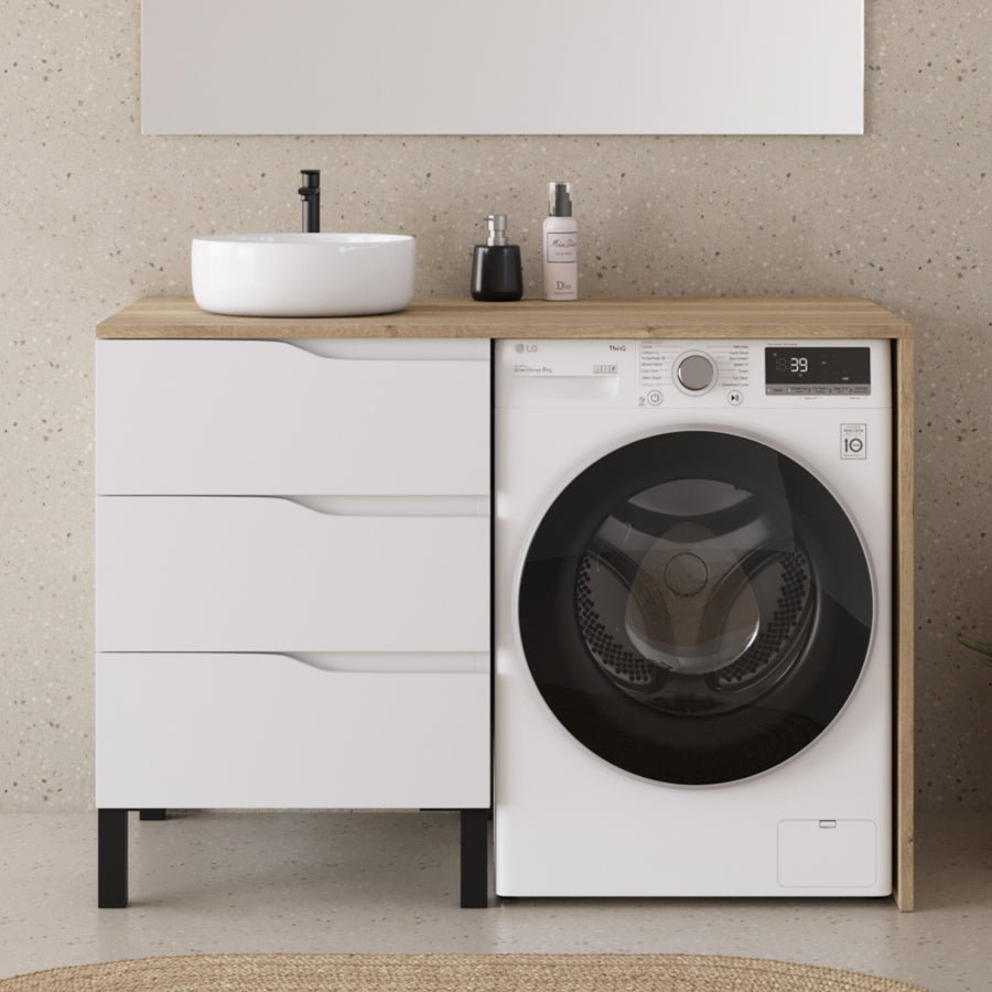 Meuble lave linge 124cm avec plateau et vasque ronde - 3 tiroirs - SANTA