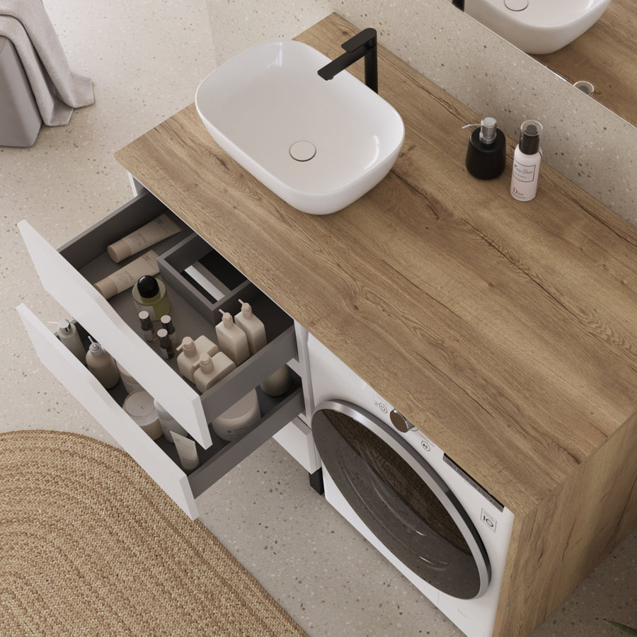 Meuble lave linge 124cm avec plateau et vasque ronde - 3 tiroirs - SANTA