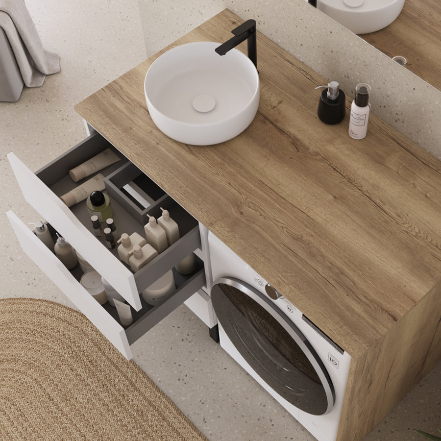 Meuble lave linge 124cm avec plateau et vasque ronde - 3 tiroirs - SANTA