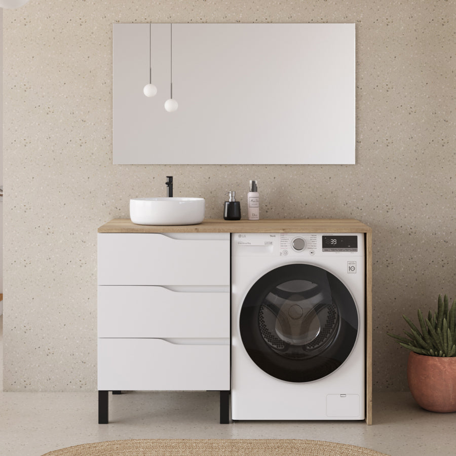 Meuble lave linge 124cm avec plateau et vasque ronde - 3 tiroirs - SANTA