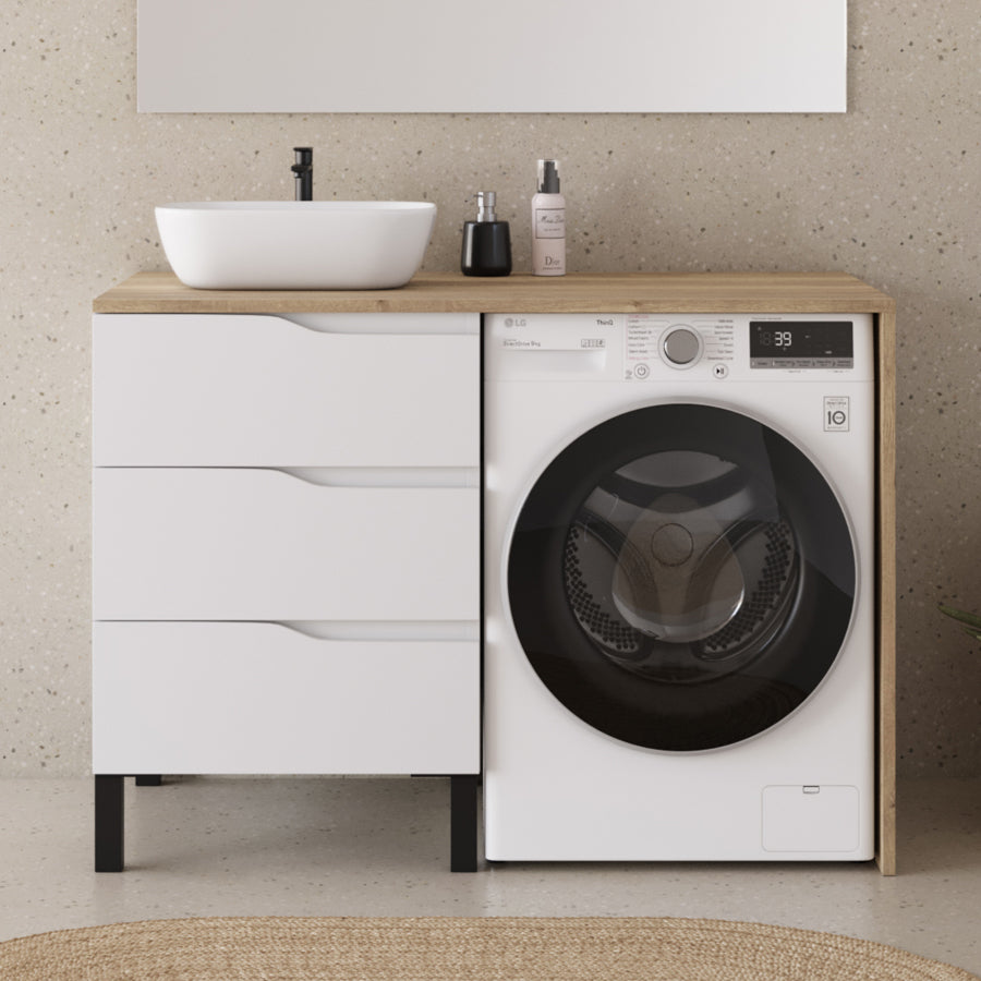 Meuble lave linge 124cm avec plateau et vasque arrondie - 3 tiroirs - SANTA