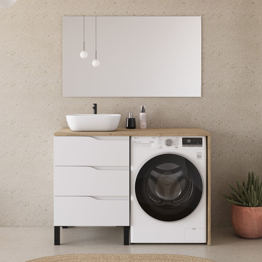 Meuble lave linge 124cm avec plateau et vasque arrondie - 3 tiroirs - SANTA