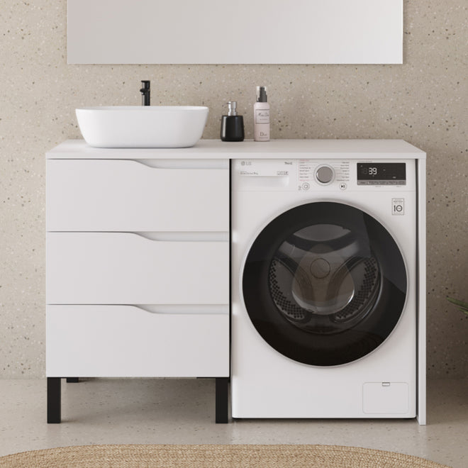 Meuble lave linge 124cm avec plateau et vasque arrondie - 3 tiroirs - sans miroir - SANTA