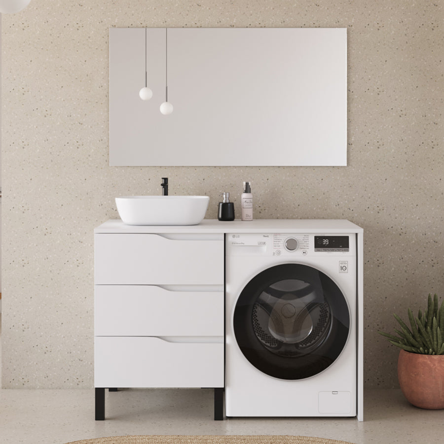 Meuble lave linge 124cm avec plateau et vasque arrondie - 3 tiroirs - SANTA