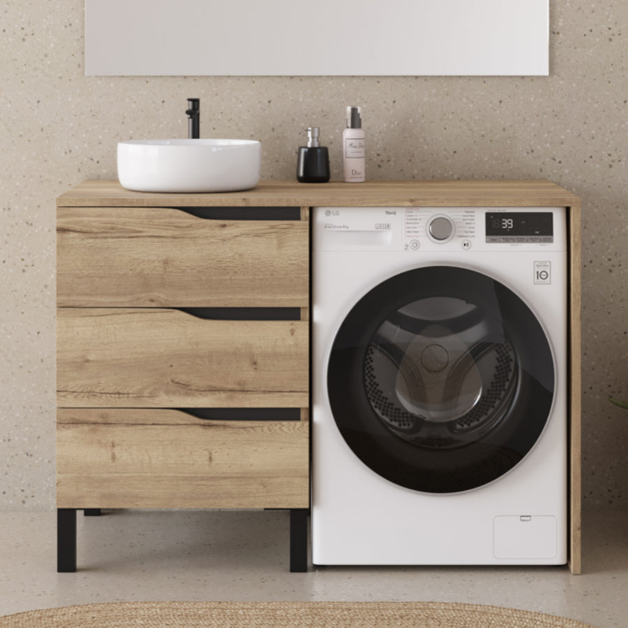 Meuble lave linge 124cm avec plateau et vasque ronde - 3 tiroirs - SANTA