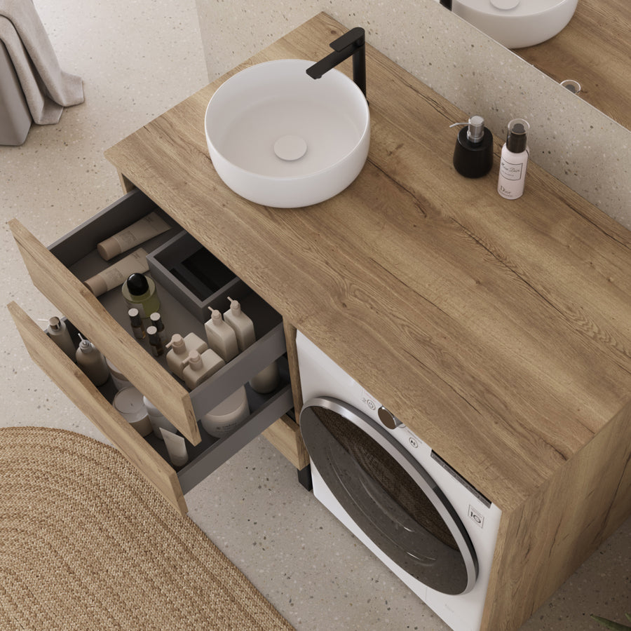 Meuble lave linge 124cm avec plateau et vasque ronde - 3 tiroirs - SANTA