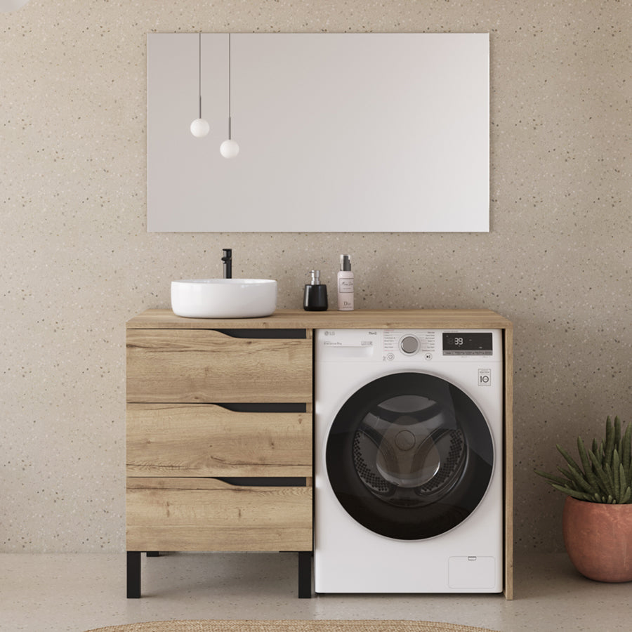 Meuble lave linge 124cm avec plateau et vasque ronde - 3 tiroirs - SANTA