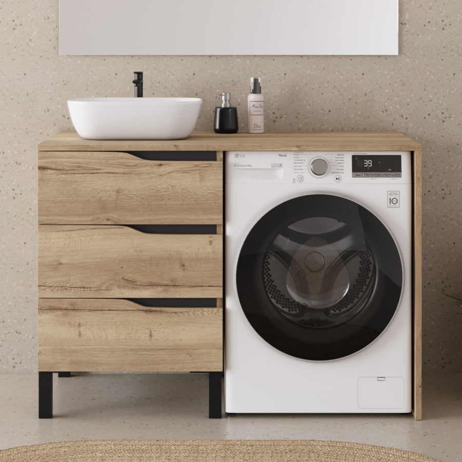 Meuble lave linge 124cm avec plateau et vasque arrondie - 3 tiroirs - SANTA