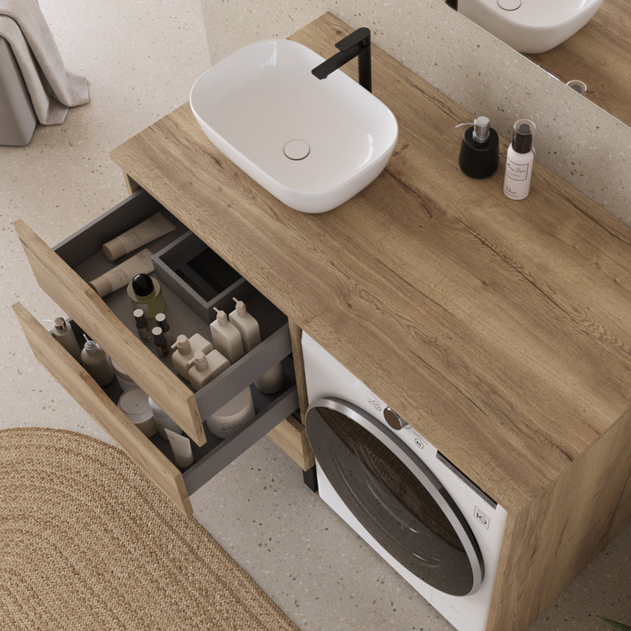 Meuble lave linge 124cm avec plateau et vasque arrondie - 3 tiroirs - SANTA