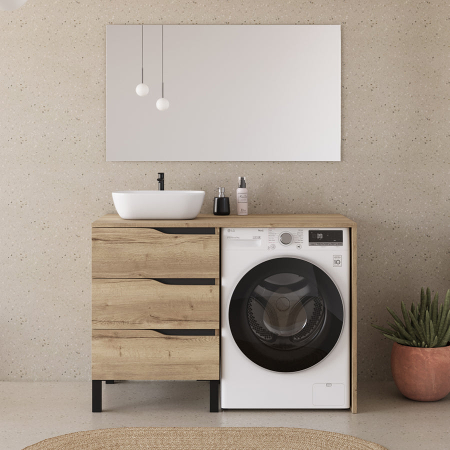 Meuble lave linge 124cm avec plateau et vasque arrondie - 3 tiroirs - SANTA