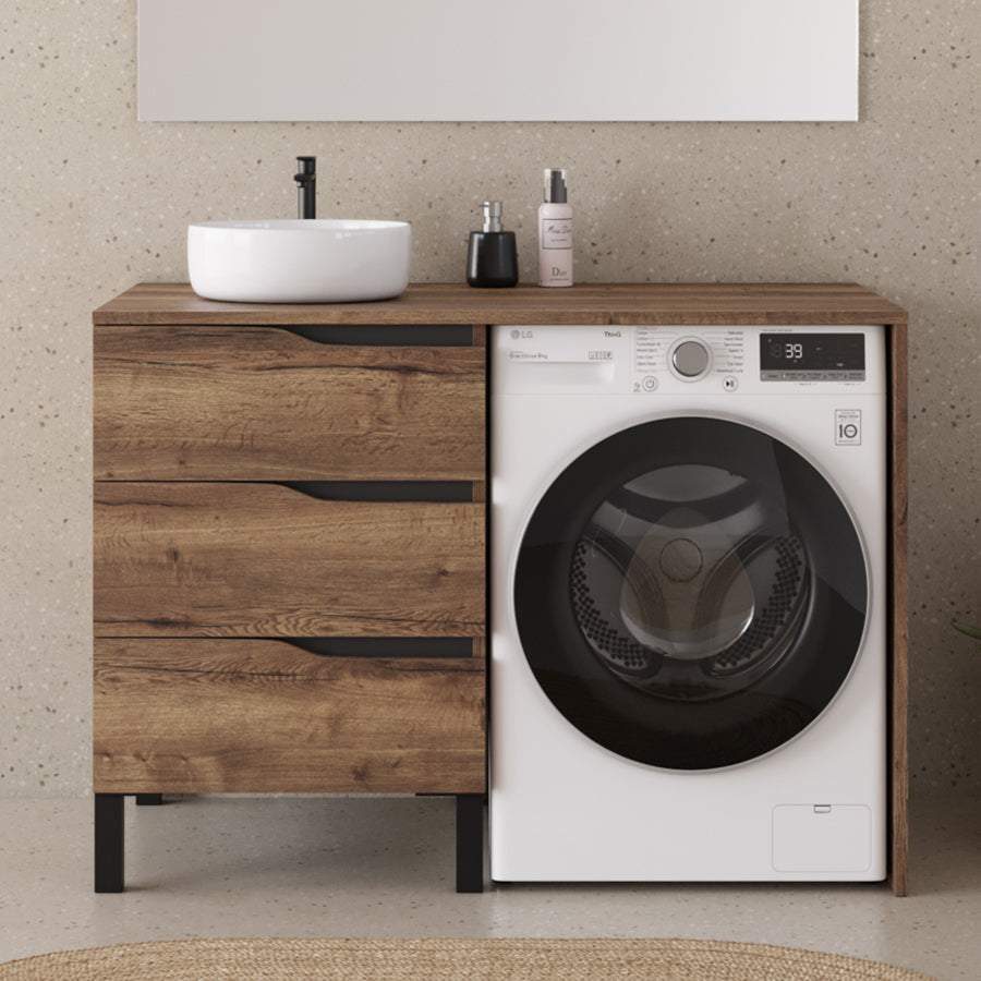 Meuble lave linge 124cm avec plateau et vasque ronde - 3 tiroirs - SANTA
