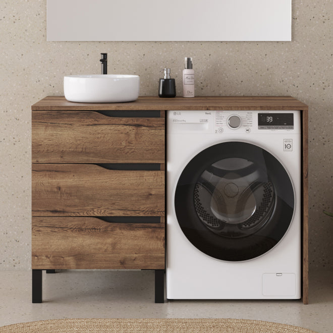 Meuble lave linge 124cm avec plateau et vasque ronde - 3 tiroirs - sans miroir - SANTA