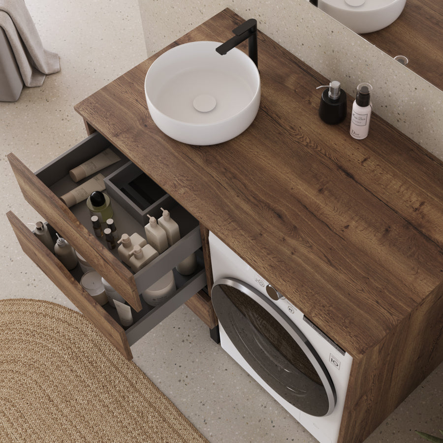 Meuble lave linge 124cm avec plateau et vasque ronde - 3 tiroirs - SANTA