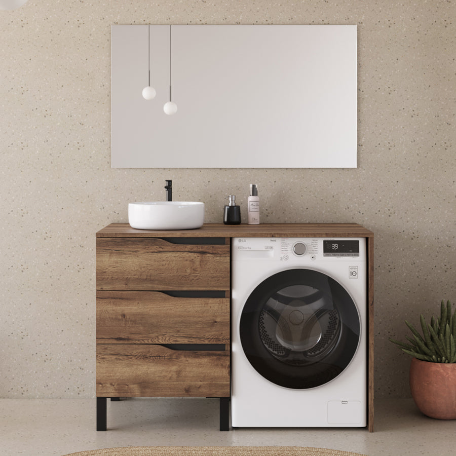 Meuble lave linge 124cm avec plateau et vasque ronde - 3 tiroirs - SANTA