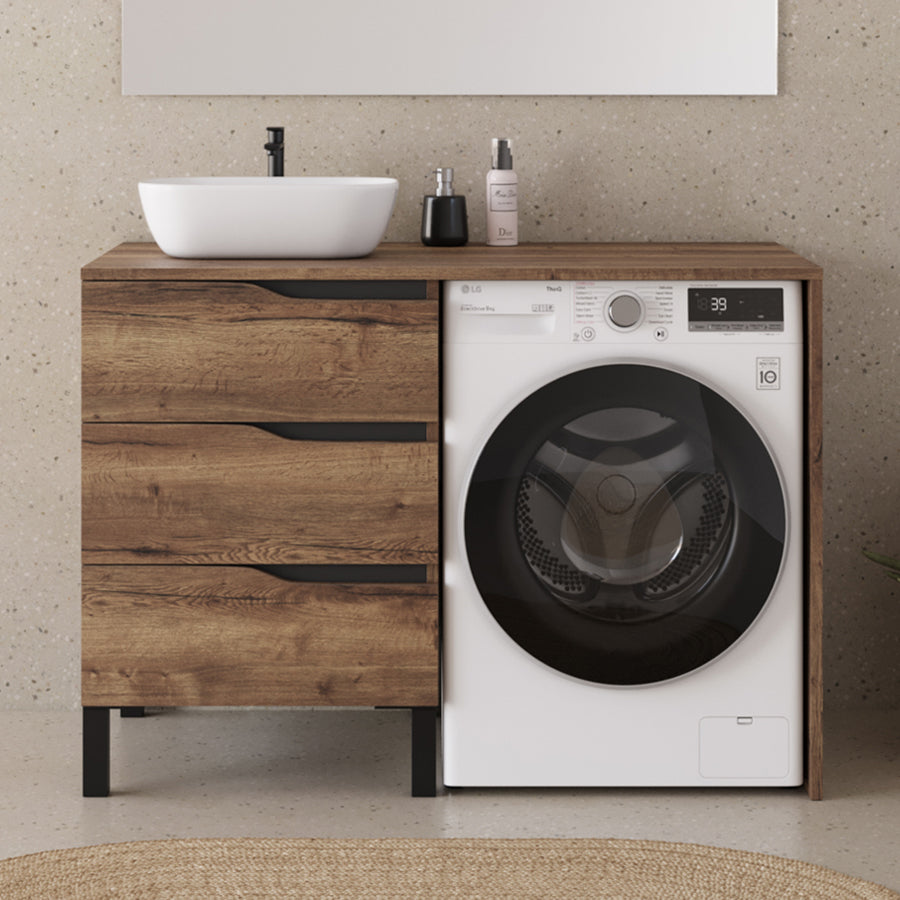 Meuble lave linge 124cm avec plateau et vasque arrondie - 3 tiroirs - SANTA
