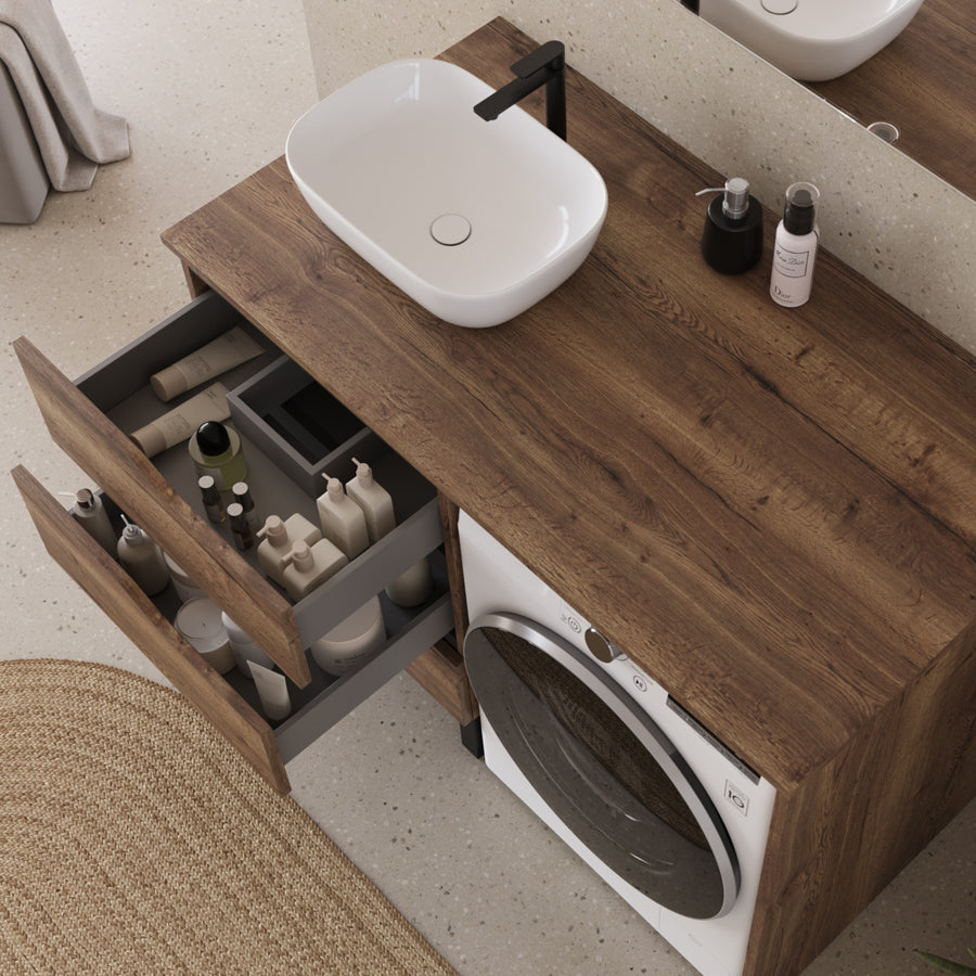 Meuble lave linge 124cm avec plateau et vasque arrondie - 3 tiroirs - SANTA