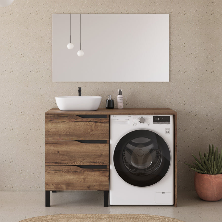 Meuble lave linge 124cm avec plateau et vasque arrondie - 3 tiroirs - SANTA