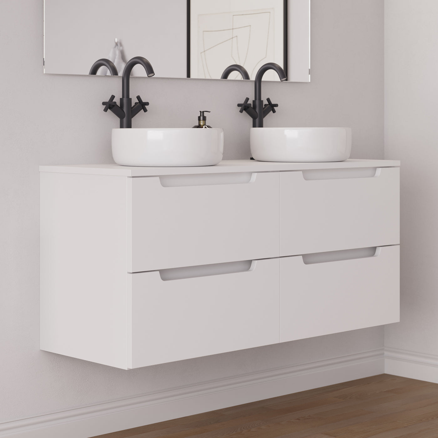 Meuble salle de bain SONRIZA 120cm 4 tiroirs blanc double vasque ares vue côté
