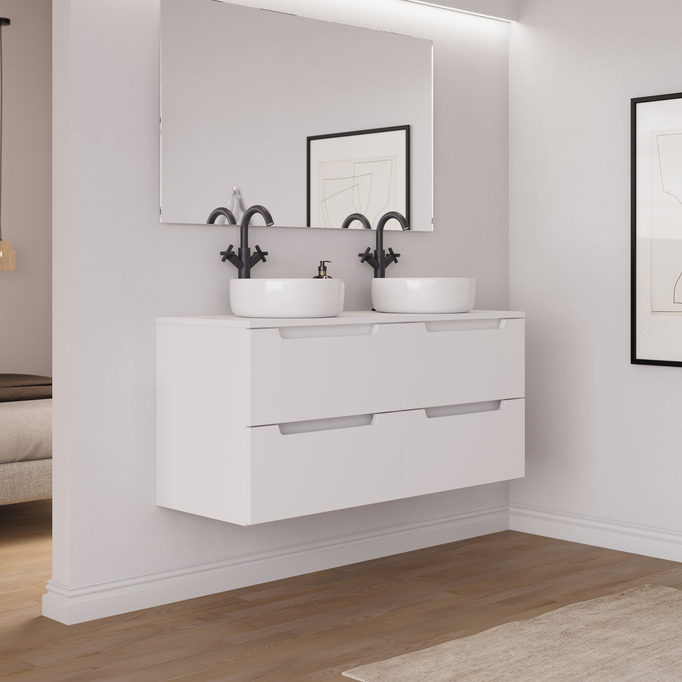 Ambiance Meuble salle de bain SONRIZA 120cm 4 tiroirs blanc 2 vasques ares