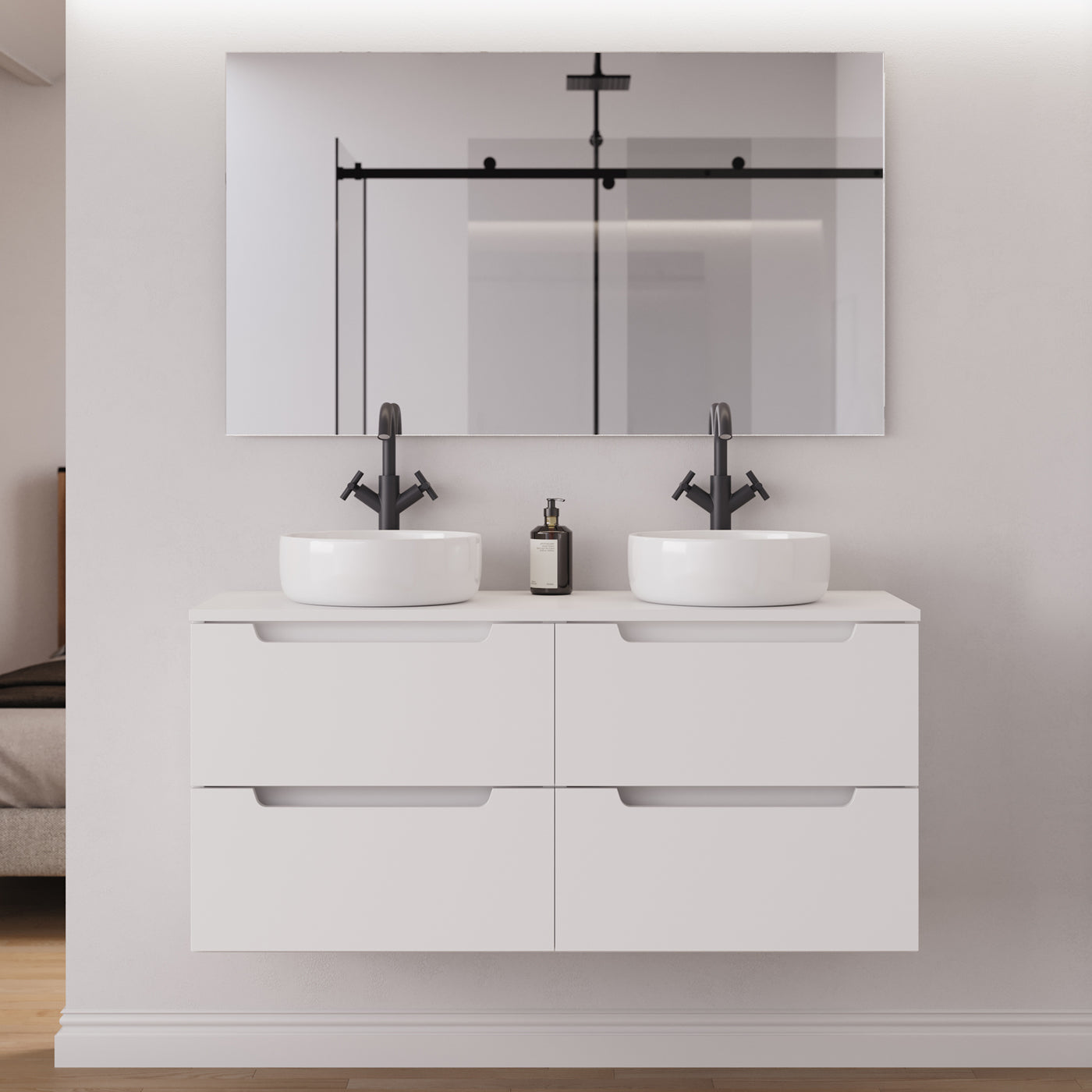Meuble salle de bain SONRIZA 120cm 4 tiroirs blanc double vasque ares miroir