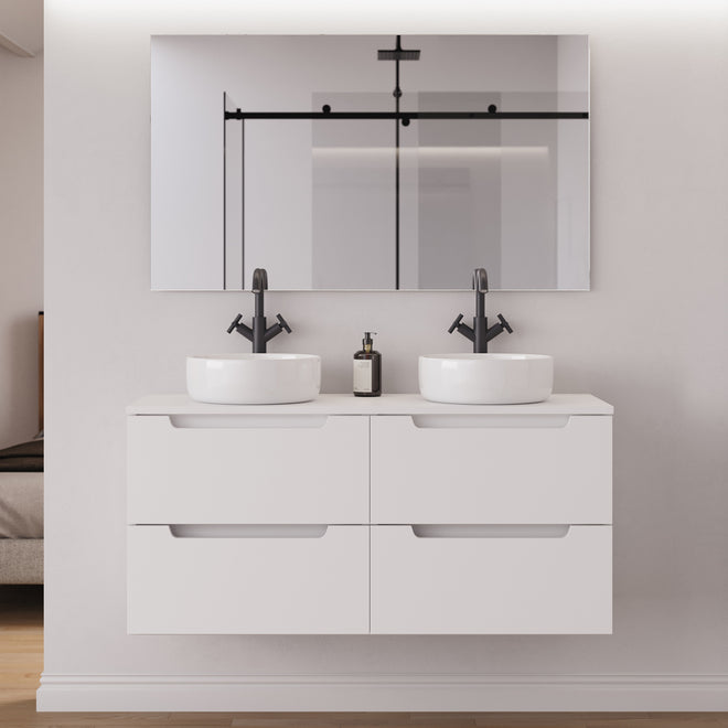 Meuble salle de bain SONRIZA 120cm 4 tiroirs blanc double vasque ares miroir