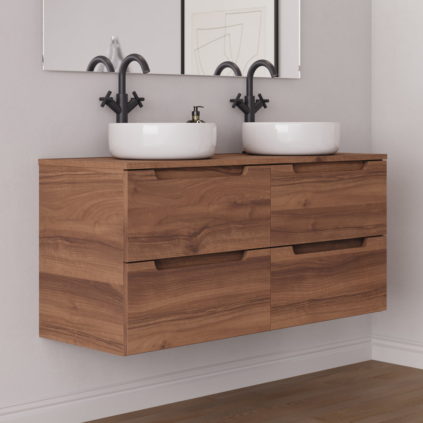 Meuble salle de bain SONRIZA 120cm 4 tiroirs noyer double vasque ares vue côté