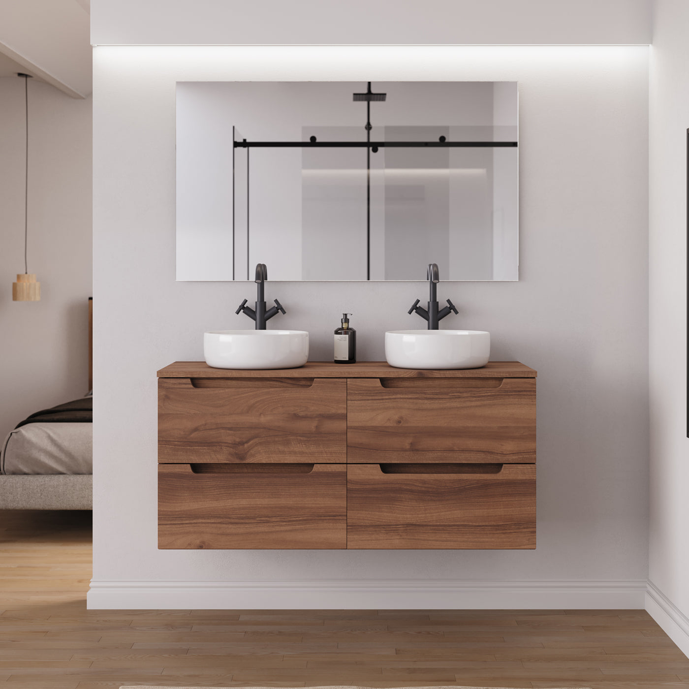 Ambiance Meuble salle de bain SONRIZA 120cm 4 tiroirs noyer double vasque ares