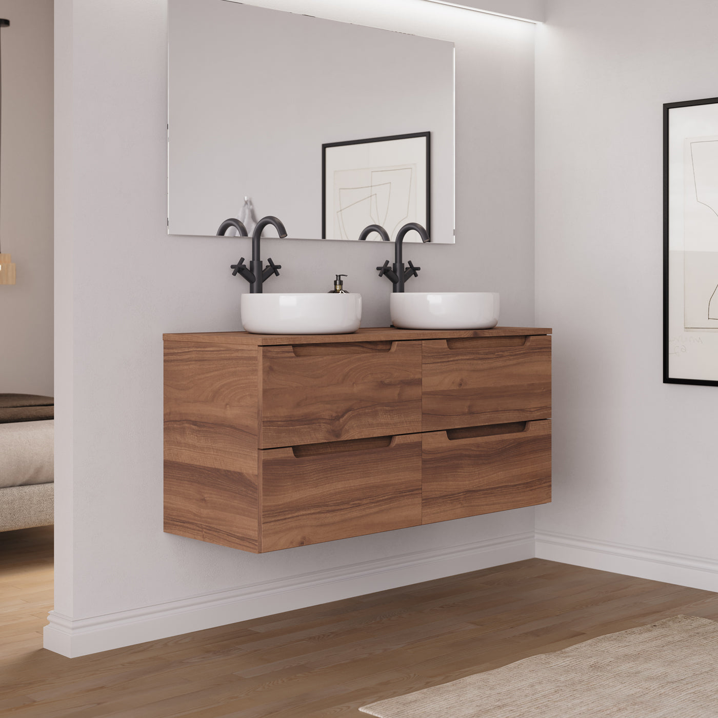 Ambiance Meuble salle de bain SONRIZA 120cm 4 tiroirs noyer 2 vasques ares