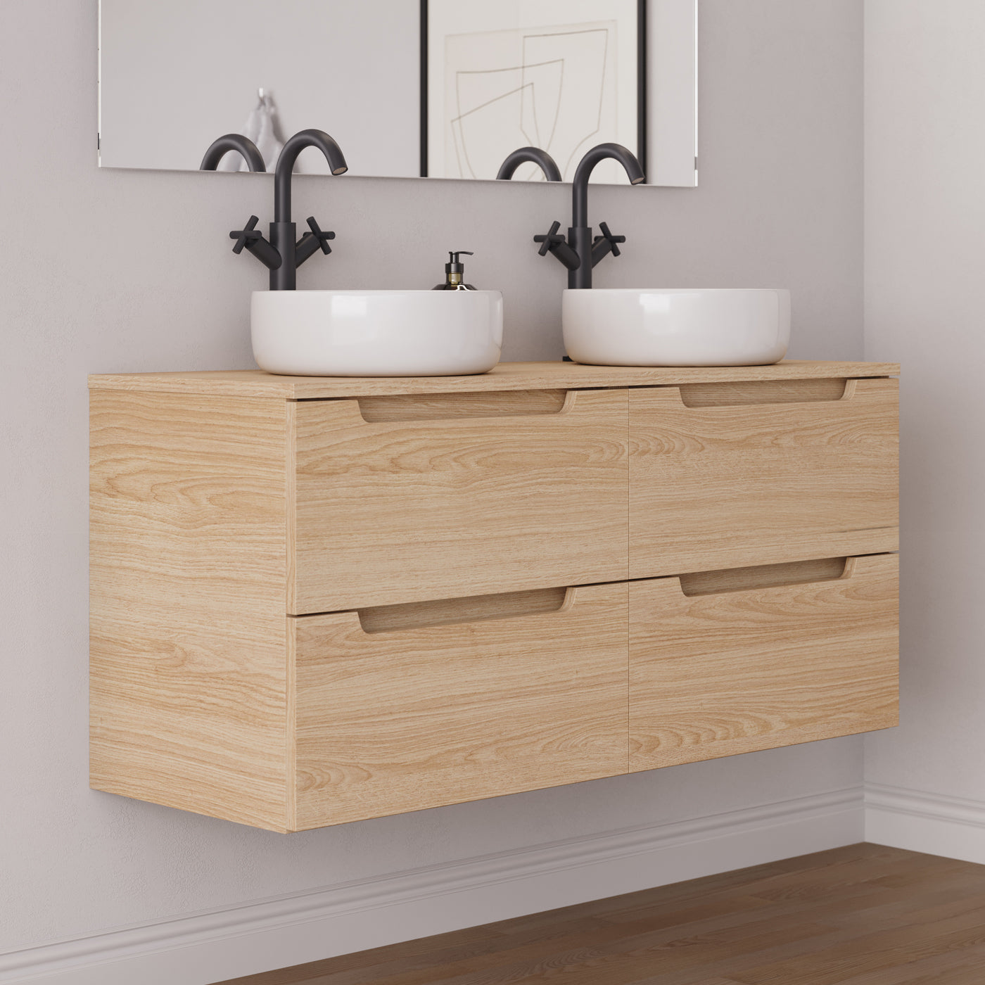 Meuble salle de bain SONRIZA 120cm 4 tiroirs roble era double vasque ares vue côté