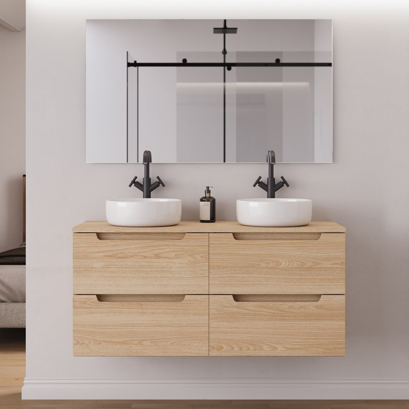 Meuble salle de bain SONRIZA 120cm 4 tiroirs roble era double vasque ares miroir