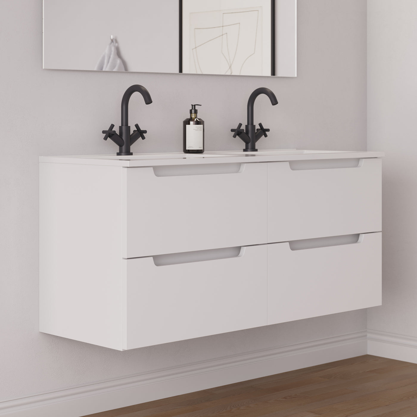 Meuble salle de bain SONRIZA 120cm blanc double vasque vue côté