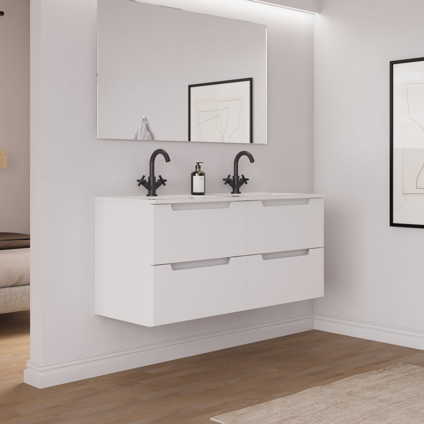 Ambiance Meuble salle de bain SONRIZA 120cm blanc double vasque vue profil