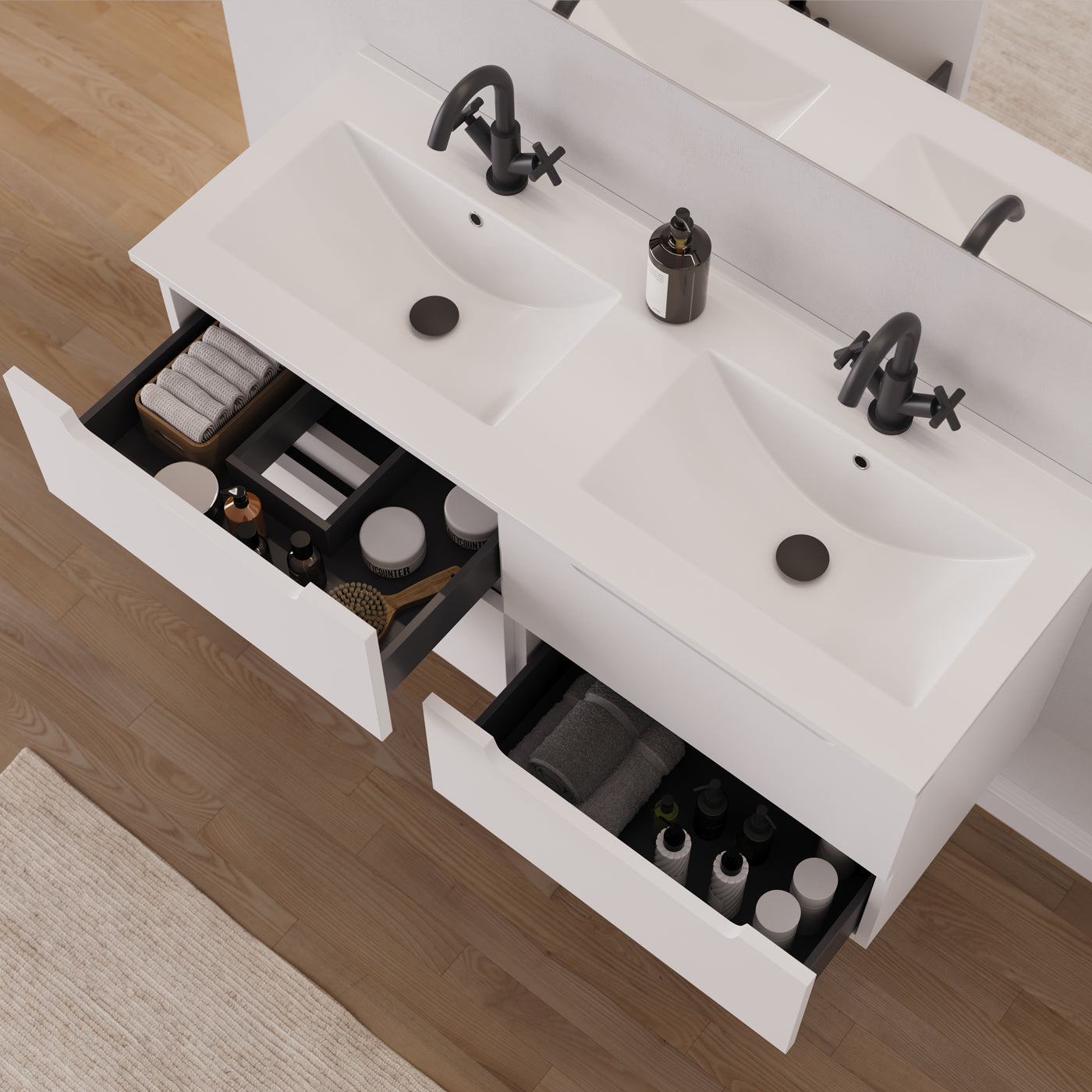 Meuble salle de bain SONRIZA 120cm blanc double vasque tiroirs ouverts