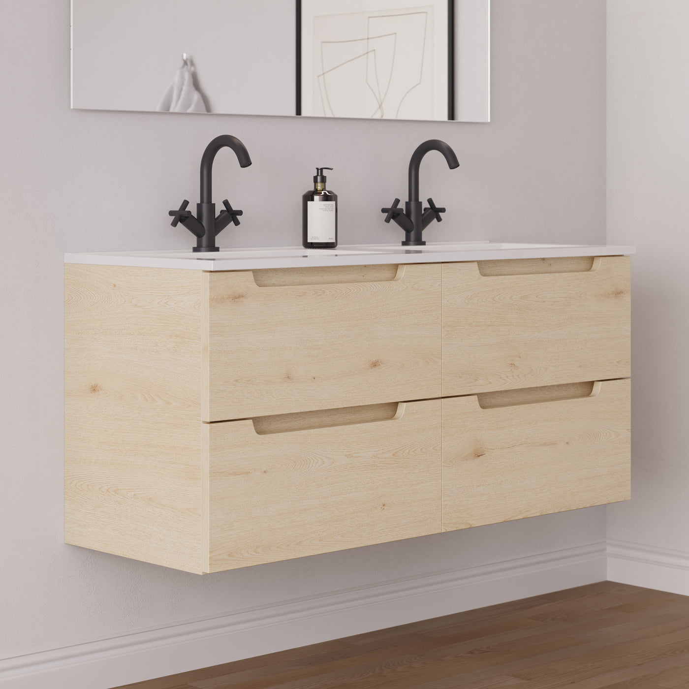 Meuble salle de bain SONRIZA 120cm calima double vasque vue côté