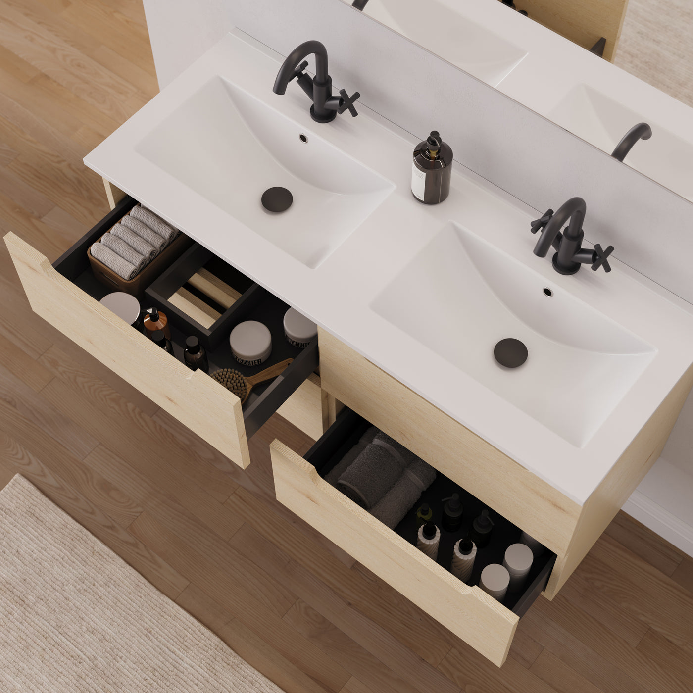 Meuble salle de bain SONRIZA 120cm calima double vasque tiroirs ouverts