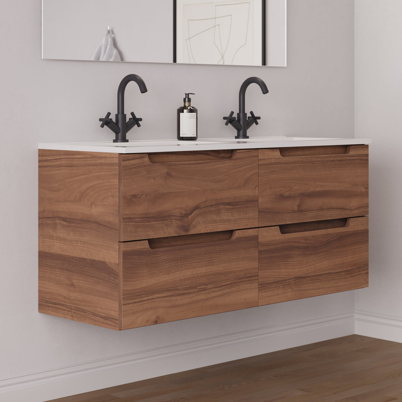 Meuble salle de bain SONRIZA 120cm nogal double vasque vue côté