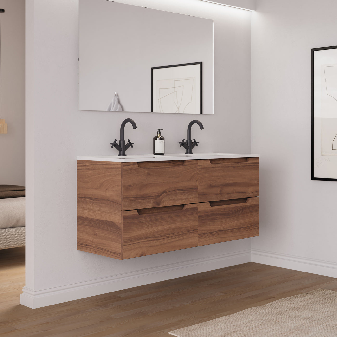 Ambiance Meuble salle de bain SONRIZA 120cm noyer double vasque vue profil