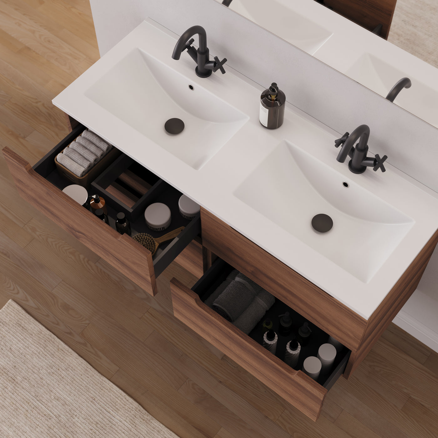 Meuble salle de bain SONRIZA 120cm noyer double vasque tiroirs ouverts