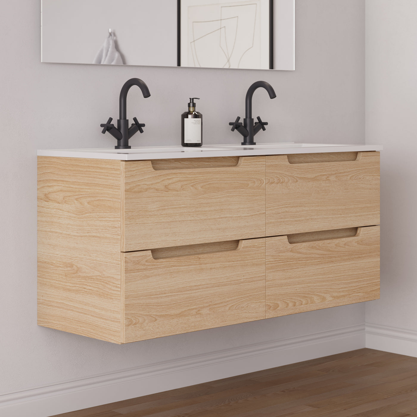 Meuble salle de bain SONRIZA 120cm roble era double vasque vue côté