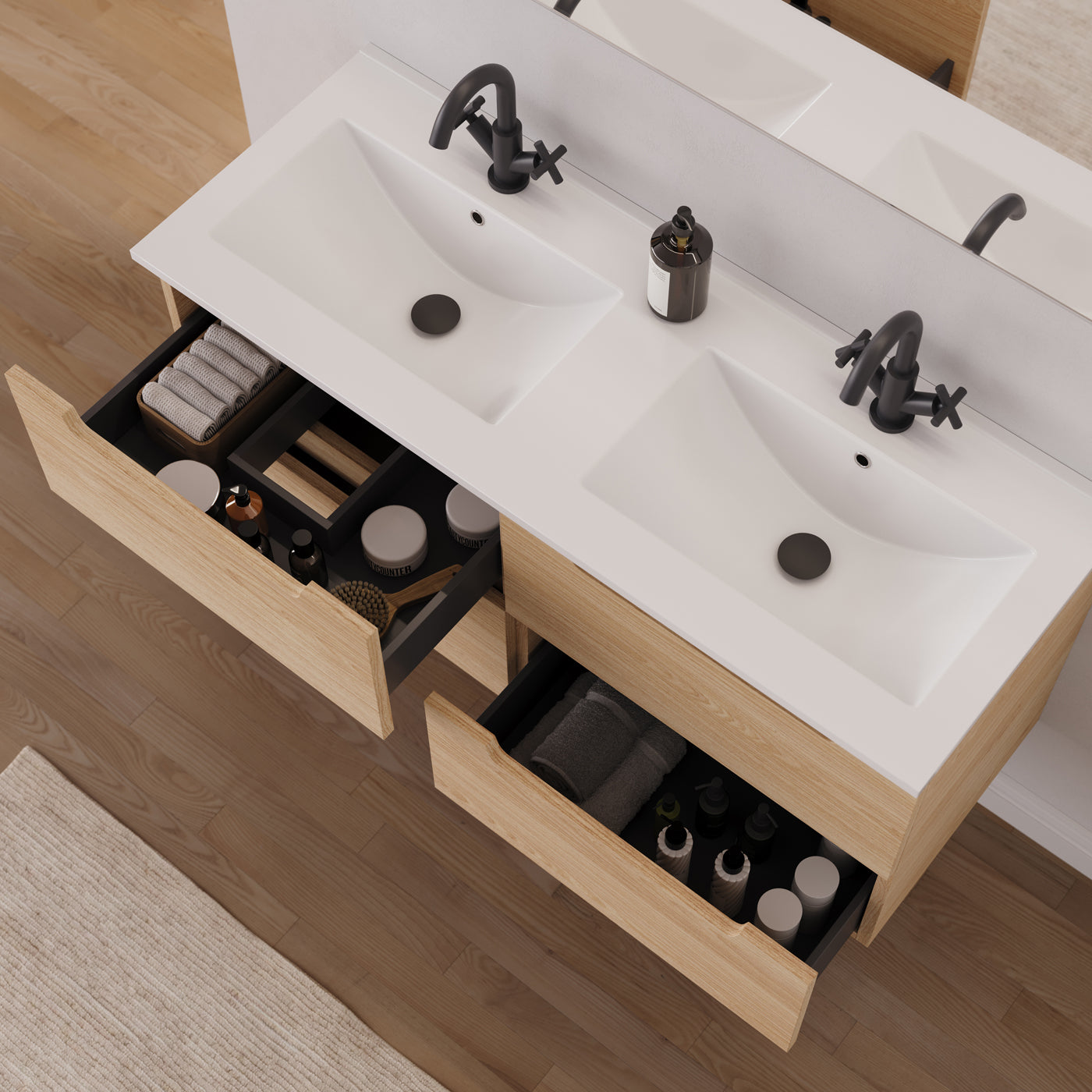 Meuble salle de bain SONRIZA 120cm roble era double vasque tiroirs ouverts