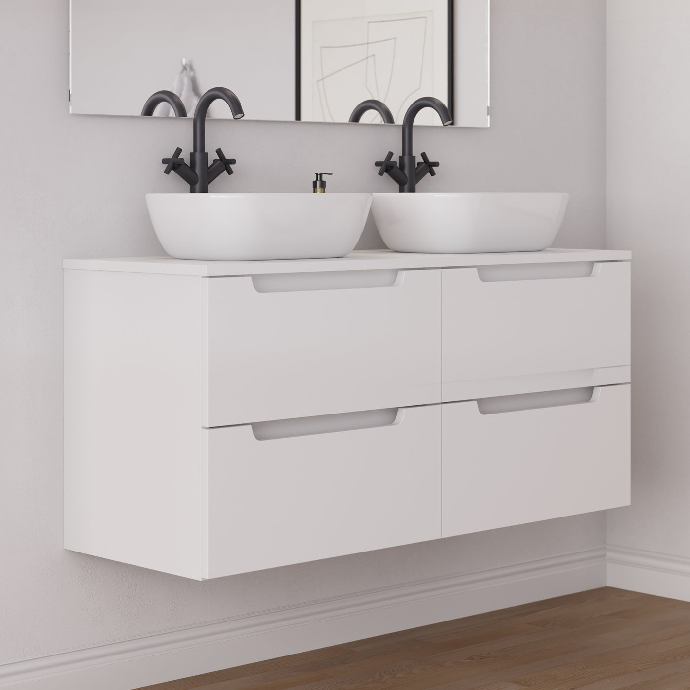 Meuble salle de bain SONRIZA 120cm 4 tiroirs blanc double vasque zeus vue côté