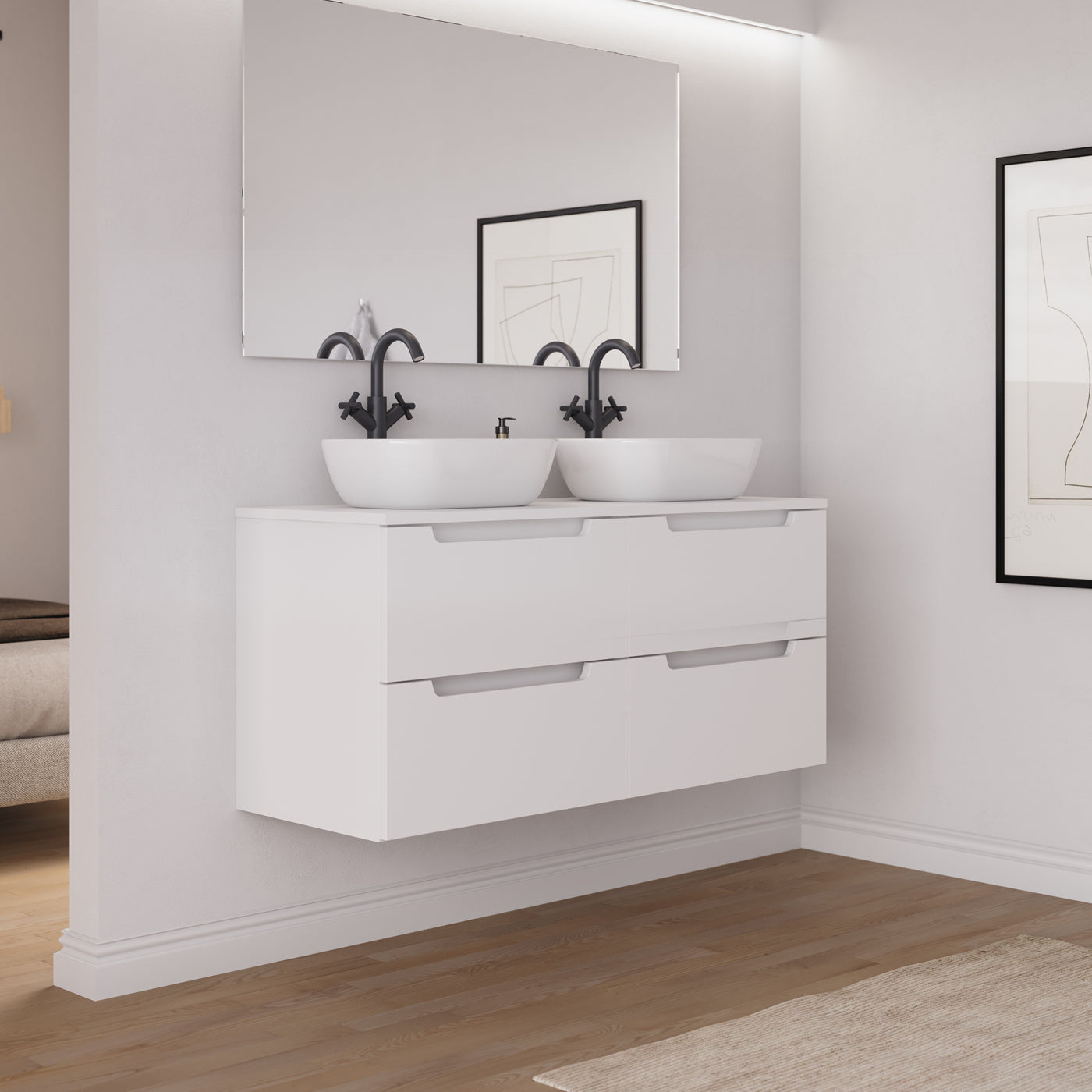 Ambiance Meuble salle de bain SONRIZA 120cm 4 tiroirs blanc 2 vasques zeus