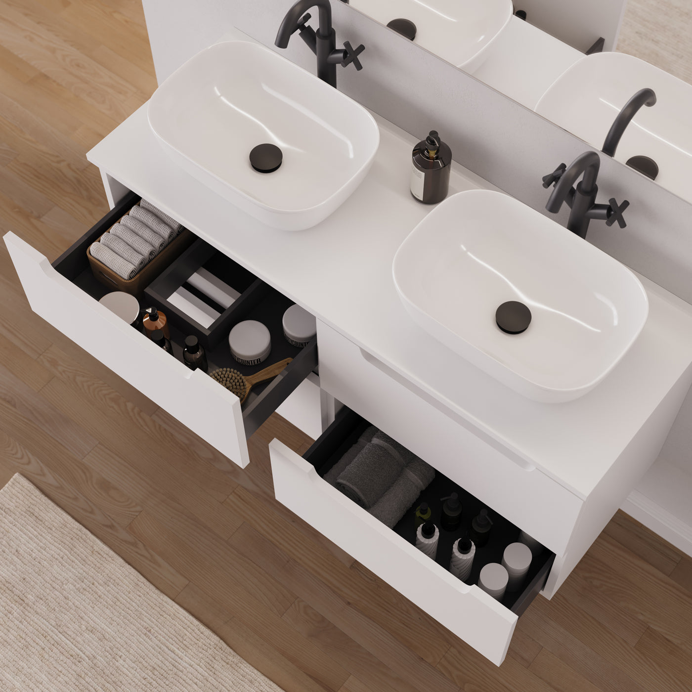 Meuble salle de bain SONRIZA 120cm 4 tiroirs blanc double vasque zeus vue dessus